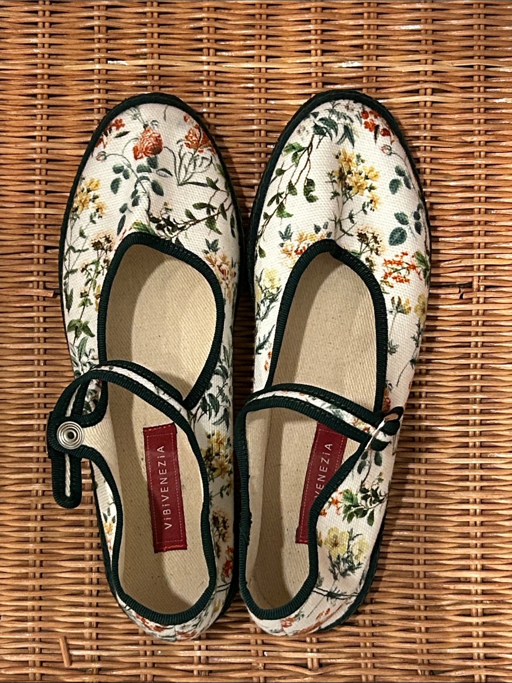 Venezia White Floral Canvas Mary Jane Flats with Dark Green Trim